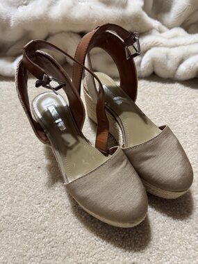 BCBGeneration Beige Espadrille Wedge Sandals with Brown Ankle Strap